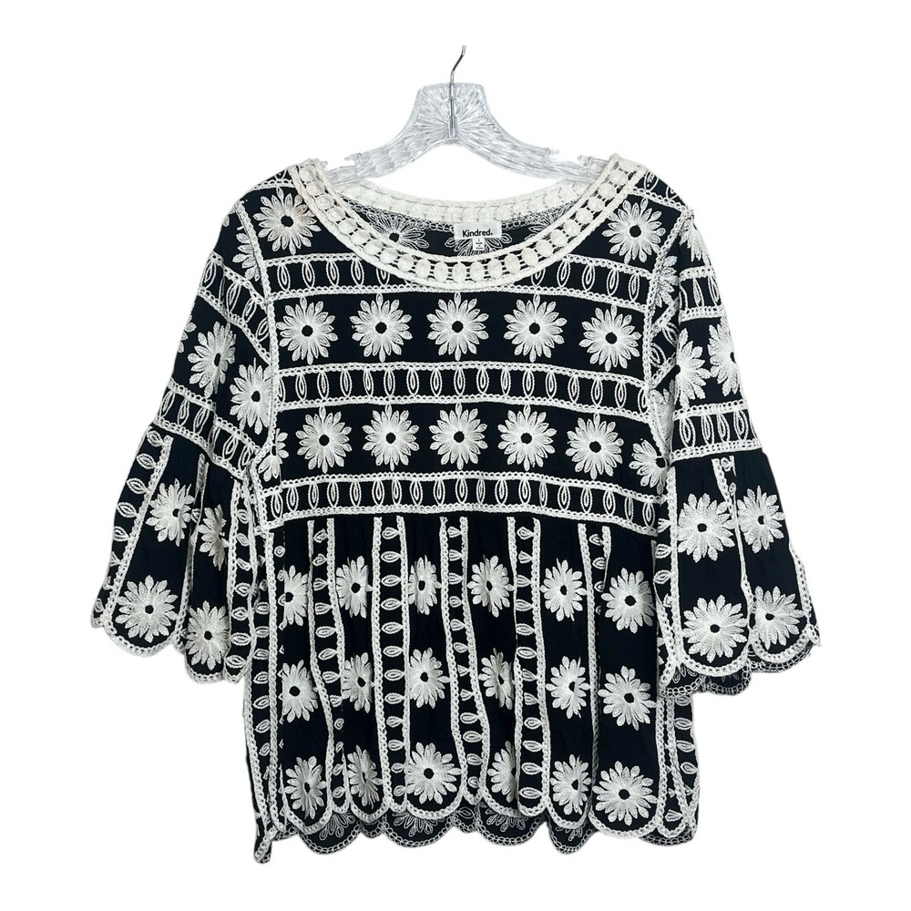 Kindred Black White Daisy Floral‎ Crochet 3/4 Sleeve Blouse Top Womens Size S